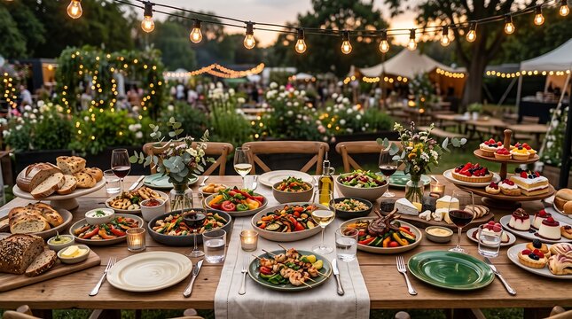 Elegant outdoor buffet table with diverse delicious food and warm lighting setup