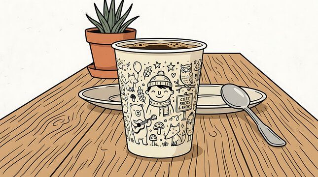 Illustrated paper coffee cup with doodle art on a wooden table with a plant and spoon