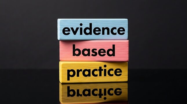 Three stacked wooden blocks with words evidence based practice printed in black letters on colored background.