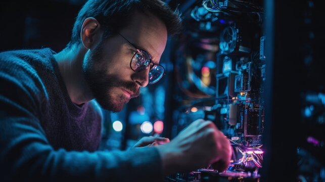 Male computer technician with glasses repairing mainframe server hardware and microchips in dark room with neon lighting.