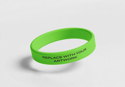 Silicone wristband mockup on white background with placeholder text for branding, template graphic design, advertising, promotional merchandise, event giveaway, corporate custom artwork