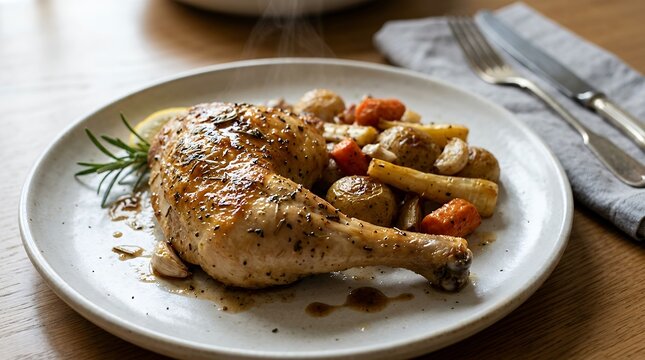 Savory roasted chicken portion served hot on clean ceramic dining plate food meal roasted chicken dish poultry dinner meat plate delicious cooked cuisine lunch serving tasty roasted chicken gourmet