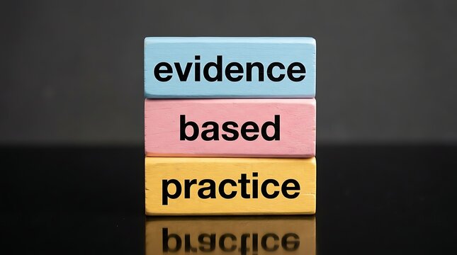 Three stacked wooden blocks with words evidence based practice printed in black letters on colored background.