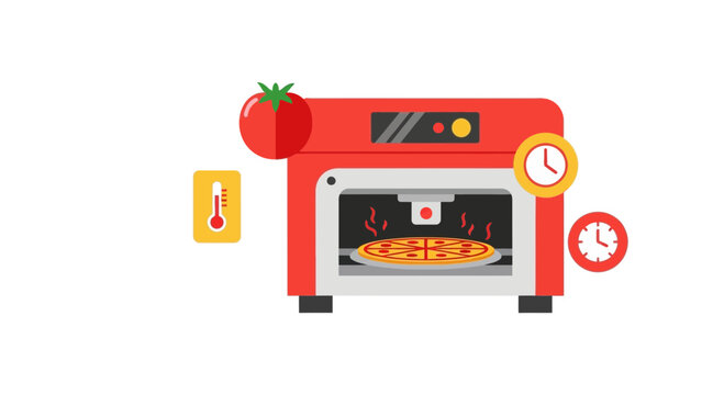Flat Vector Illustration of Red Pizza Oven with Baking Pizza and Cooking Icons