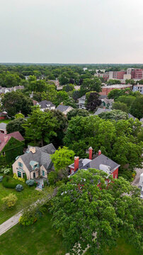 Panoramic drone shot of Kenosha city and Lake Michigan at dusk