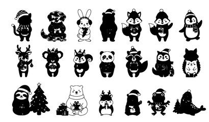 Naklejka premium Christmas Holiday Animal Silhouette Vector Set Featuring Cute Winter Forest Wildlife, Penguin, Reindeer, Bear, and Sloth with Santa Hats for Festive Festive Graphics