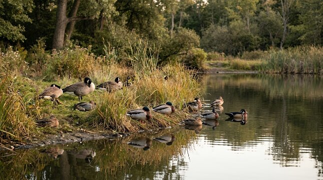 Feathered waterfowl resting peacefully by the edge of a still water body inside an animal park sanctuary duck bird waterfowl wildlife shore pond lake water animal nature park zoo outdoor feather