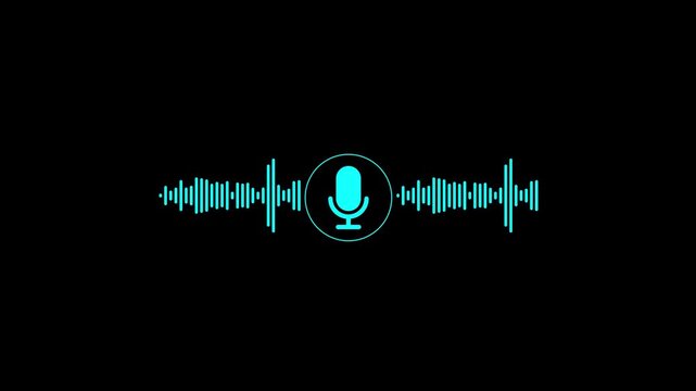 Microphone and Audio Waveform Animation. Voice Recording, Podcast, Speech and Sound Communication Concept. audio speaker on blue.  music bar in microphone icon of Motion graphics concept.