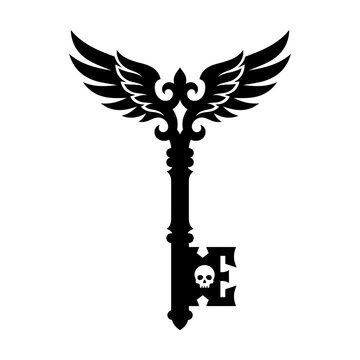 Winged skeleton key with skull symbol