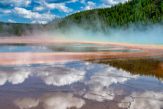 Summer view of Midway Geyser Basin trail with Excelsior Crater Yellowstone.