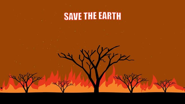 Wildfire and forest fire burning dry trees in silhouette