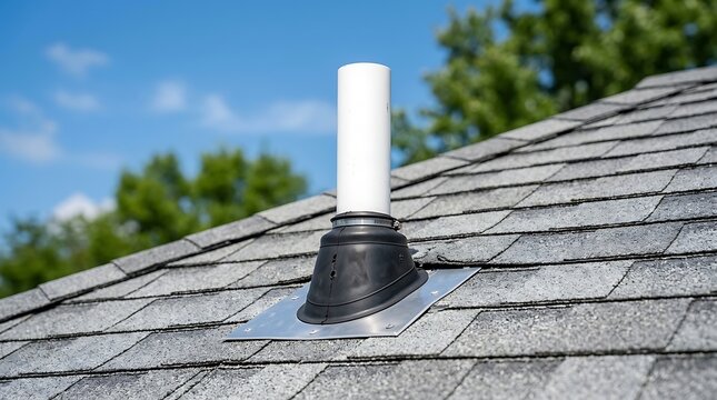 Plumbing vent pipe on asphalt shingle roof, outdoor residential building plumbing system for ventilation, under clear blue sky with trees.