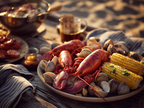 Clambake feast with lobsters, clams, and corn on beach