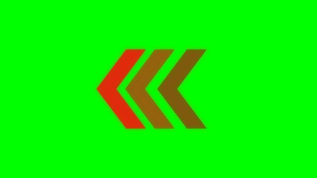 Bold abstract graphic with three left-pointing chevrons, fading from red to brown, set against a vibrant green background, symbolizing direction, progression, or a returning path in digital design