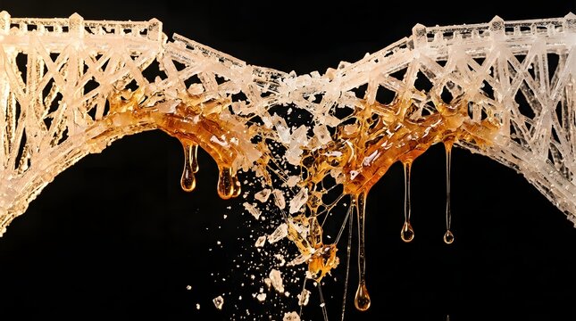 Fragile crystal bridge shattering while thick golden honey stretches between broken pieces illustrating broken trust and complicated business failures