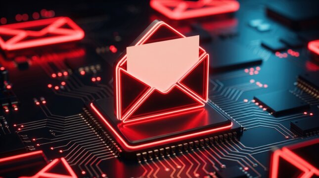 Glowing red envelope symbol displayed on a computer circuit board, representing email communication, digital messaging, online correspondence, technology and electronic data exchange