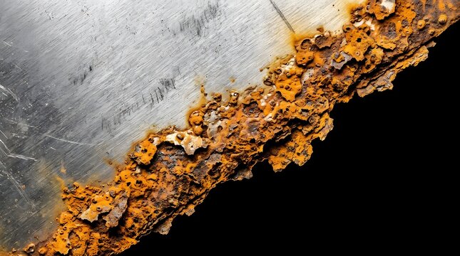 Heavily corroded metal border contrasting against clean steel highlighting industrial decay and structural integrity maintenance