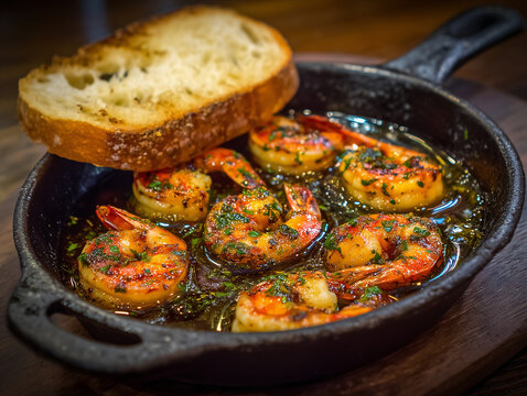 Garlic shrimp scampi serving in cast iron skillet