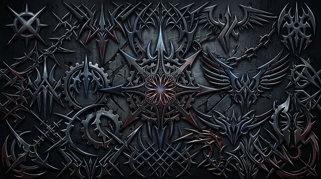 Sharp futuristic spiky emblems and dark gothic metallic vectors inspired by millennium subculture fashion accents neo tribal tattoo shape cyber sigilism spike spark streetwear print design y2k