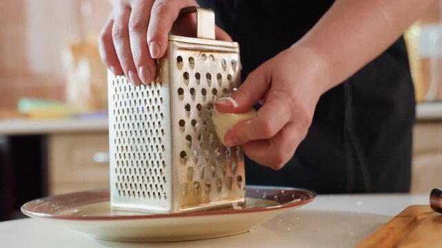 Close view shows hands pressing cheese against box grater, creating steady downward motion as fine shreds fall onto ceramic plate, capturing simple home cooking preparation and texture