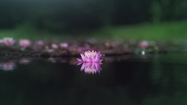 Pink lotus flower in water with sunshine. Slowmotion