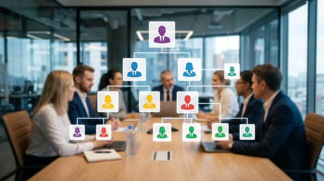 Business professionals in a meeting analyze data with an organizational chart displayed, illustrating team structure and reporting lines in a contemporary office setting.