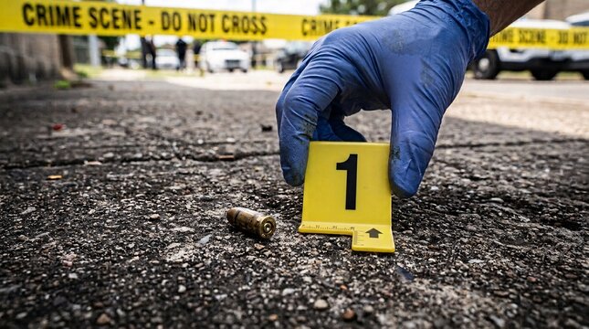 Close-up of a gloved hand placing a yellow evidence marker labeled with number 1 beside a spent bullet casing on asphalt street.