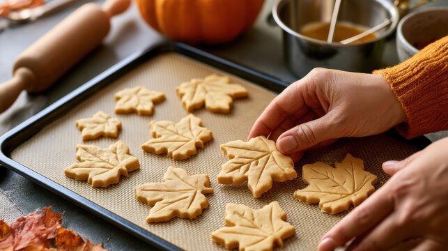 Autumn leaf cookies arranged on a baking tray during cozy fall baking with pumpkin