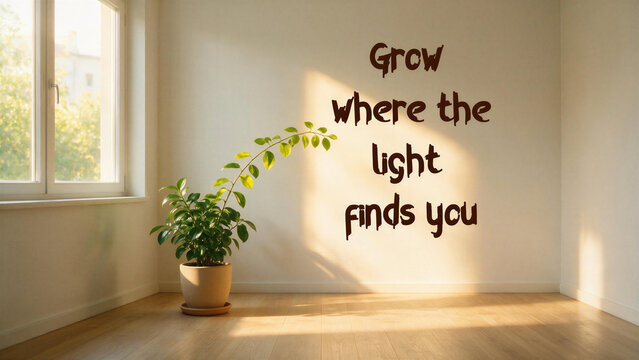 Potted houseplant leaning towards sunlight on wall under text quote "Grow where the light finds you". Motivational quotes for inspiration and self-care.