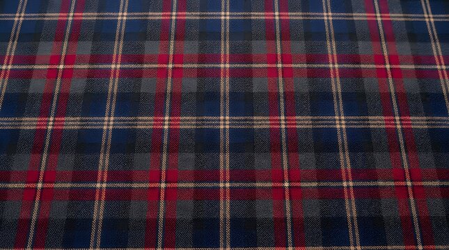 Continuous tartan check textile layout combining intersecting bands of navy charcoal crimson and tan for apparel manufacturing pattern seamless plaid tartan check textile fabric weave fashion apparel