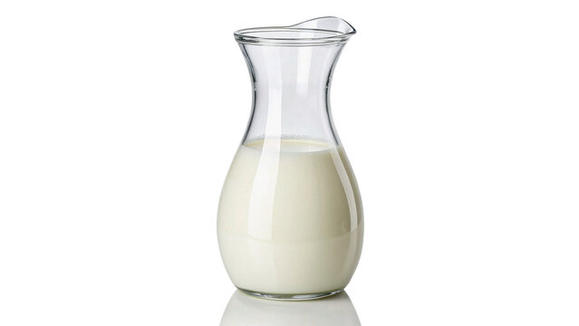 Glass jug filled with fresh organic white milk healthy calcium drink breakfast isolated on white