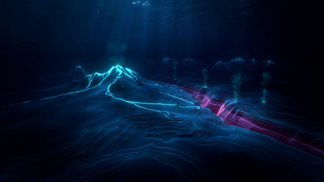 Underwater volcanic landscape with glowing magma flows and geothermal vents in deep dark blue ocean abyss