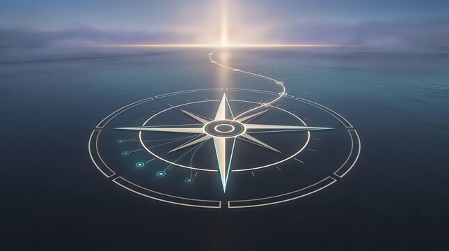 Business strategy and future vision navigation concept featuring a glowing compass guiding a path toward a bright horizon over calm water