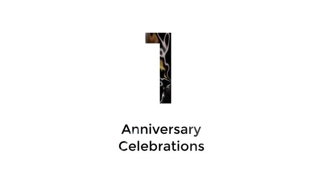1st anniversary celebration with abstract black, yellow, white and blue color animation on white background