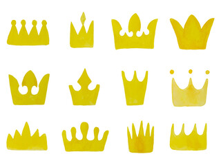 Set of twelve hand painted yellow watercolor crowns in different shapes and styles, featuring soft watercolor textures and bright golden yellow tones © HelgaLy