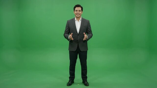 Smiling male presenter in a suit standing against a green screen, gesturing with his hands.