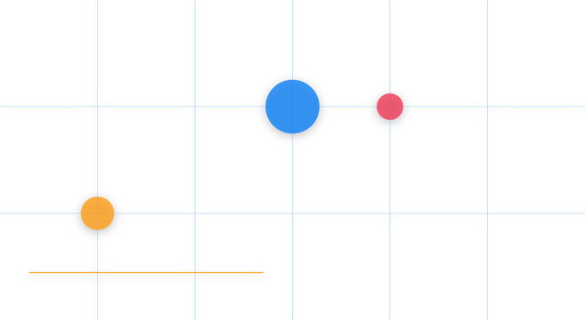 Abstract circles on grid, dynamic graphic design png with varying sizes of vibrant abstract circles in orange, pink, and blue, elegantly positioned on a clean, gridded background.