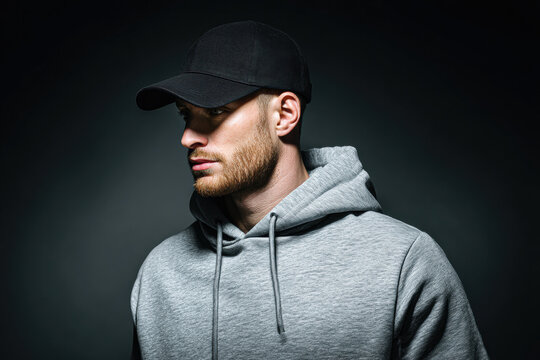 Man wearing a gray hoodie and black cap looking to the side against a dark background, with a textured artistic filter effect.