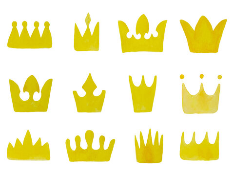 Set of twelve hand painted yellow watercolor crowns in different shapes and styles, featuring soft watercolor textures and bright golden yellow tones