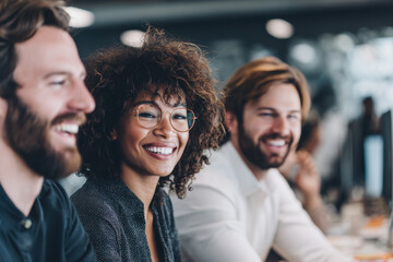Fototapeta premium Happy businesspeople smiling and working together in the office