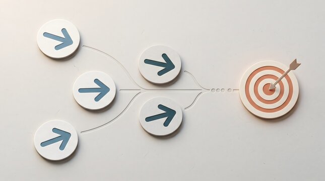 Strategic business alignment and goal consolidation concept showing multiple directional arrows converging into a single path toward a target