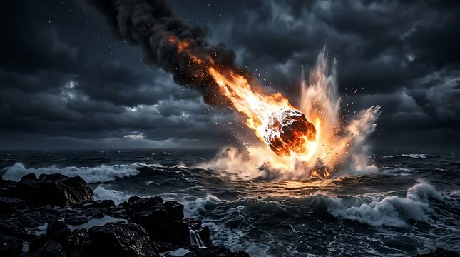 Fiery meteor impact explosion in dark stormy ocean at night with dramatic lighting and splashing waves creating catastrophic event.