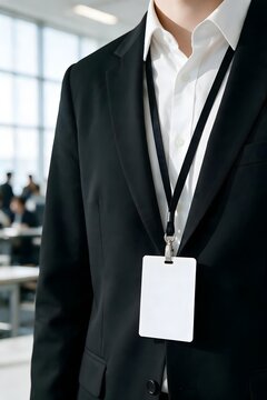 Business professional wearing black suit and employee identification badge in a modern office, representing corporate identity, employment and workplace access