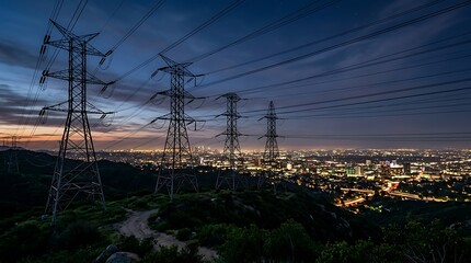Fototapeta premium High voltage electrical transmission towers stand tall over Los Angeles city skyline at twilight with glowing sunset orange and blue hues providing reliable energy supply.