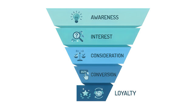 Marketing sales funnel diagram with five customer journey stages