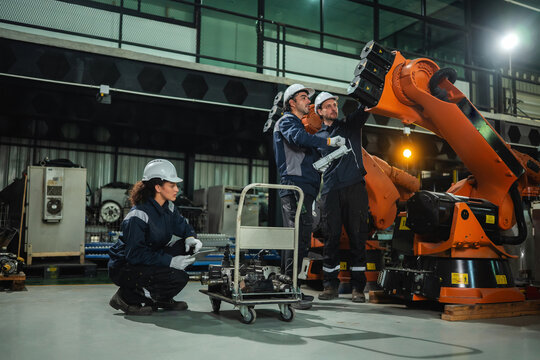 Industrial engineers team discussion control range of orange robotic arm machinery while female colleague checking electric servo motor spare parts. Concept of heavy machinery maintenance service.