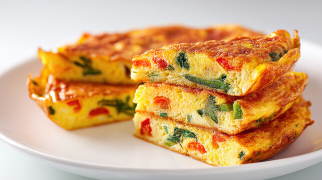 A stack of golden-brown vegetable omelette slices on a white plate, featuring colorful peppers and herbs, ready to serve as a nutritious meal or snack.