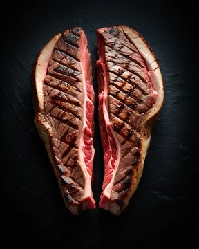 Medium rare grilled steak with a crispy crust and juicy texture on black slate with pepper. High-quality steakhouse and advertising meat dish, grilled dish