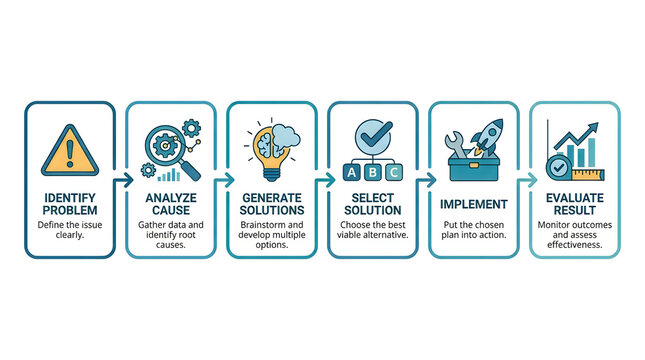 Problem solving process flowchart with six steps and business icons