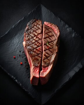 A cross-section of a grilled filet mignon steak with pink, juicy flesh on a black stone board. Perfectly grilled meat for a steakhouse menu, top view.